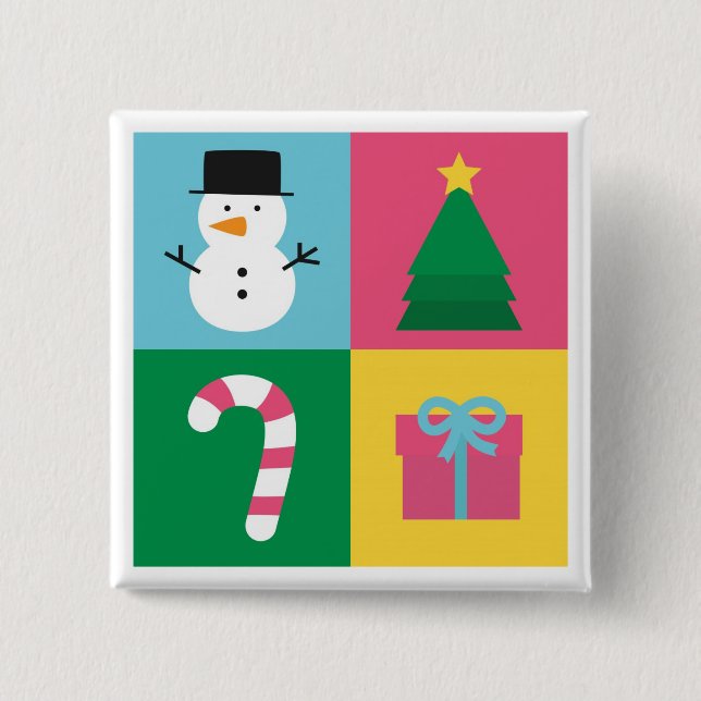 Buntes Weihnachten mit Schneemann, Baum, Süßigkeit Button (Vorderseite)