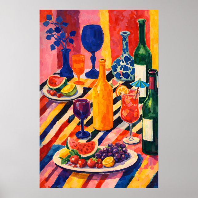 Buntes Wein-Frucht-Stillleben-Poster, Maximalist Poster (Vorne)