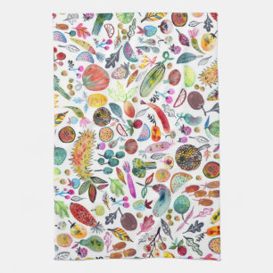 Buntes wunderliches Aquarell trägt Veggies Früchte Geschirrtuch
