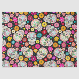 Buntes Zuckerschädel-Blumen-Fiesta-Schwarzes Seidenpapier