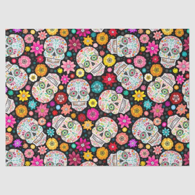 Buntes Zuckerschädel-Blumen-Fiesta-Schwarzes Seidenpapier (Vorderseite)