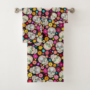 Buntes Zuckerschädel-und -Blumen-Fiesta-Schwarzes Badhandtuch Set