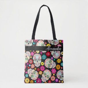 Buntes Zuckerschädel-und -Blumen-Fiesta-Schwarzes Tasche
