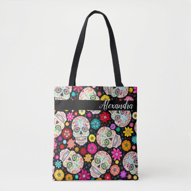 Buntes Zuckerschädel-und -Blumen-Fiesta-Schwarzes Tasche (Vorderseite)