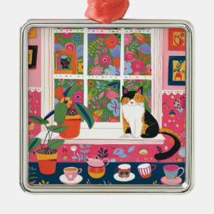 Buntgescheckte Katze auf Fensterbank Pop Art Ornament Aus Metall