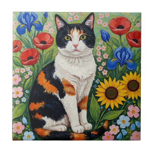 Buntgescheckte Katze und volkstümliche Sonnenblume Fliese