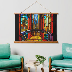 Buntglas-Abtei Digitale Kunst Wandteppich Mit Holzrahmen
