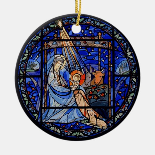 Buntglas-Art-Geburt Christi im Blau Keramik Ornament (Vorne)