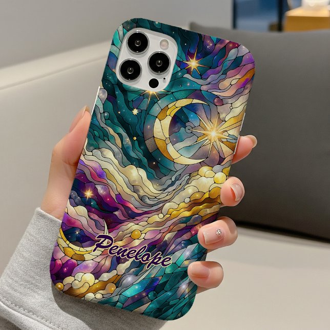 Buntglas blau grüne Mond iPhone 16 Hülle (Von Creator hochgeladen)