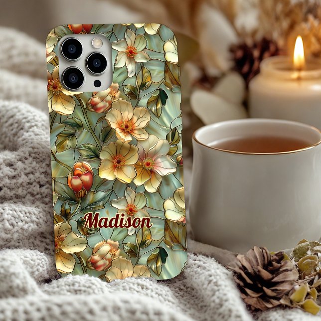 Buntglas-Blumen beige iPhone 16 Hülle (Von Creator hochgeladen)
