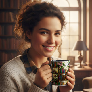 Buntglas-Blumen-Bücherregal-Buchliebhaber-Kaffee Tasse