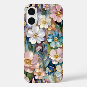 Buntglas-Blumen-iPhone-Hülle Pastell-Blau-Rosa iPhone 16 Hülle