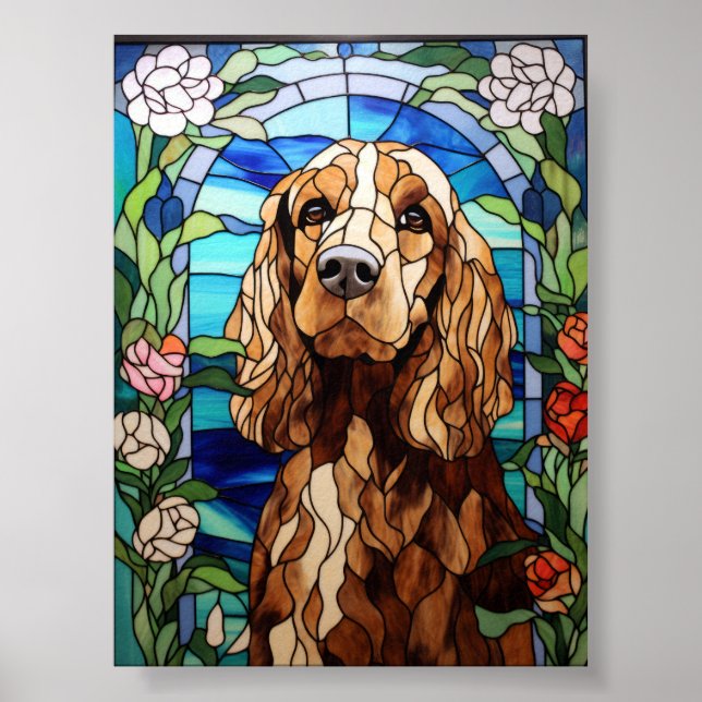 Buntglas-Blumenbogenfenster mit Cocker Spaniel Poster (Vorne)