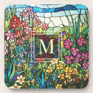 Buntglas-Blumengarten-Monogramm-Untersetzer-Set Getränkeuntersetzer