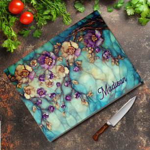 Buntglas-Blumenmuster in Blau und Lila Schneidebrett