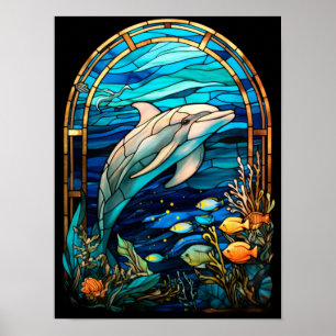 Buntglas-Delfin schwimmt im Korallenriff-Ozean Poster