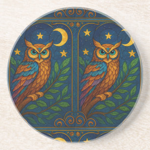 Buntglas-Eule unter Mond und Sternen Getränkeuntersetzer
