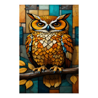 Buntglas-Eulen-Wandkunst-Leinwand für Büro und Arb Poster