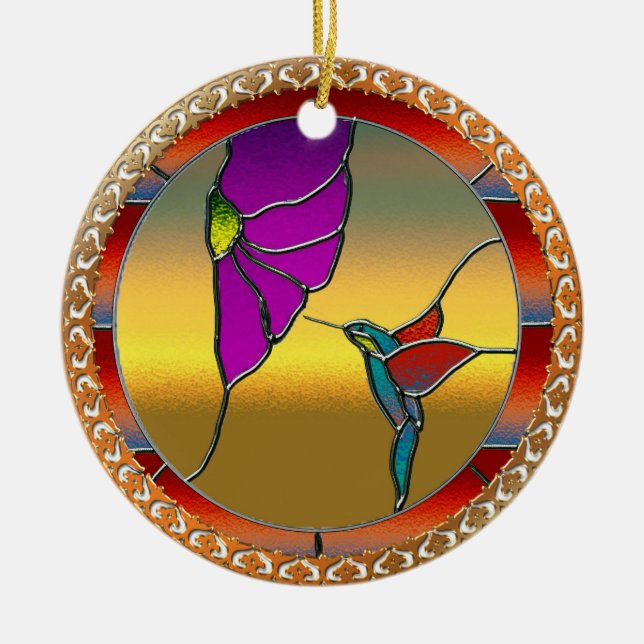Buntglas-Fenster-Türkis-Kolibri Keramikornament (Vorne)