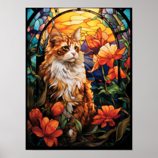Buntglas-Garnkatze mit orangen Blumen Poster