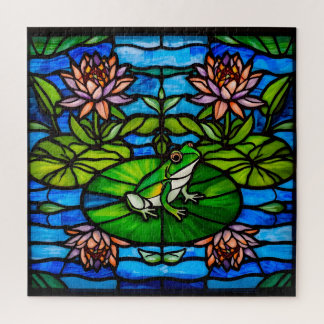 Buntglas Grüner Frosch und Wasserlilien-Blumen