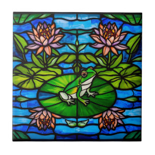 Buntglas Grüner Frosch und Wasserlilien-Blumen Fliese