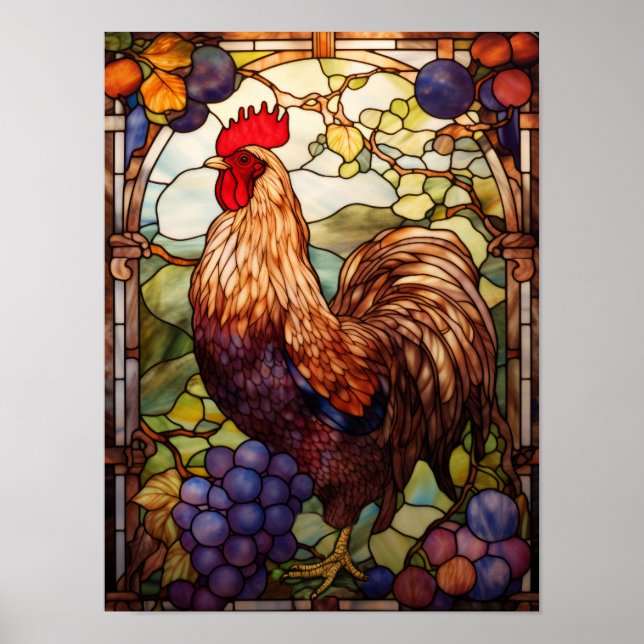 Buntglas-Hahn-Weingarten-Kunst Poster (Vorne)