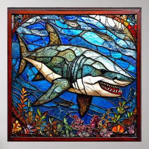 🦈 Buntglas-Hai-Kunstgeschenk für Ozeanliebhaber Poster