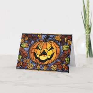Buntglas-Halloween-Kürbis und Herbstlaub Karte