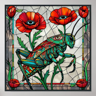 Buntglas Heuschrecke Roter Mohn Surrealistisches A Poster