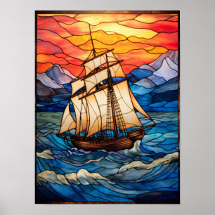 Buntglas-Hohes-Schiff-Sonnenuntergang-Ozean-Meeres Poster