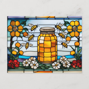 Buntglas Honigbienen und Honigglas Postkarte