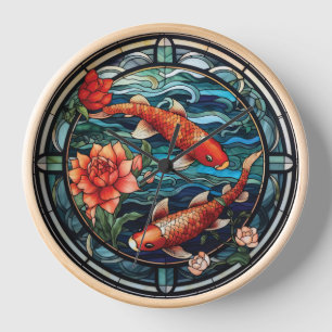 Buntglas im asiatischen Stil Koi-Fische und Kameli Uhr