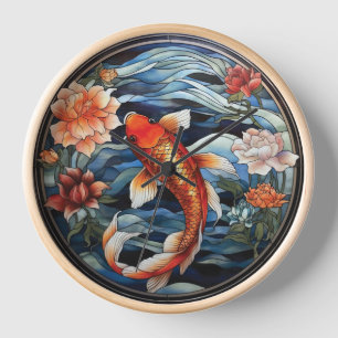 Buntglas im asiatischen Stil Koi-Fische und Kameli Uhr