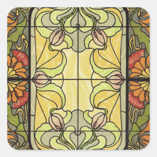 Buntglas in Moos und Orange Quadratischer Aufkleber