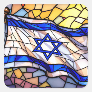 Buntglas-Israel-Flagge-Mosaik-Judaica-Kunst Quadratischer Aufkleber