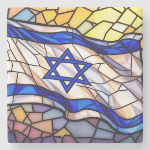 Buntglas-Israel-Flagge-Mosaik-Judaica-Kunst  Steinuntersetzer
