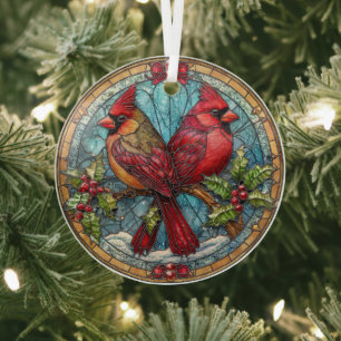 Buntglas-Kardinäle auf Stechpalmenzweig  Ornament Aus Glas
