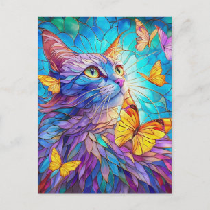 Buntglas Katze 730 blau gelbe Schmetterlinge Postkarte