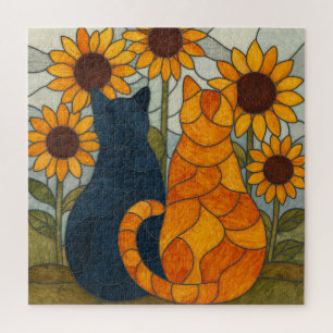 Buntglas-Katzen und Sonnenblumen-Kunstdesign