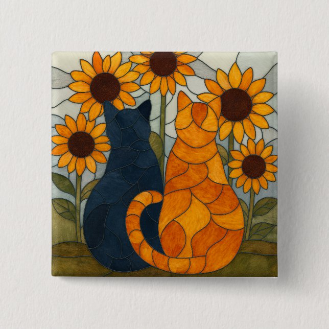 Buntglas-Katzen und Sonnenblumen-Kunstdesign Button (Vorderseite)