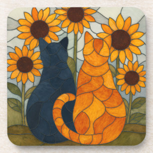 Buntglas-Katzen und Sonnenblumen-Kunstdesign Getränkeuntersetzer