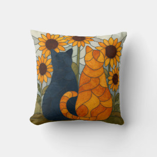 Buntglas-Katzen und Sonnenblumen-Kunstdesign Kissen