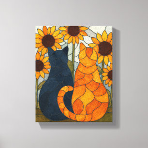 Buntglas-Katzen und Sonnenblumen-Kunstdesign Leinwanddruck