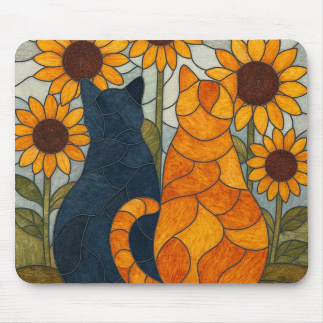 Buntglas-Katzen und Sonnenblumen-Kunstdesign Mousepad (Vorne)