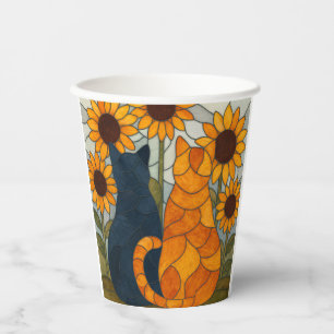 Buntglas-Katzen und Sonnenblumen-Kunstdesign Pappbecher