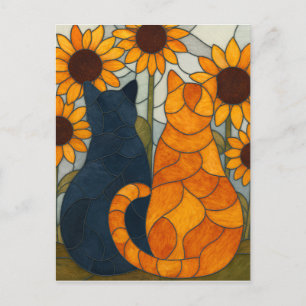 Buntglas-Katzen und Sonnenblumen-Kunstdesign Postkarte