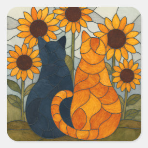 Buntglas-Katzen und Sonnenblumen-Kunstdesign Quadratischer Aufkleber