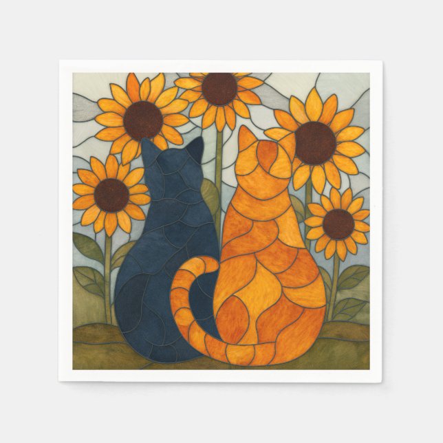 Buntglas-Katzen und Sonnenblumen-Kunstdesign Serviette (Vorderseite)