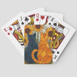 Buntglas-Katzen und Sonnenblumen-Kunstdesign Spielkarten